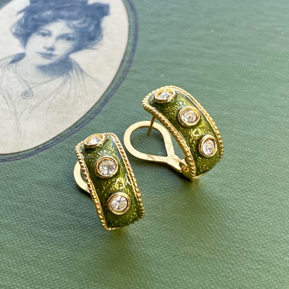 MMA vintage gold & green enamel pierced hoop earrings